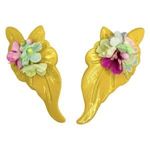 Yellow Flower Bouquet Statement Earrings 2.5" Floral Spray Spring Summer